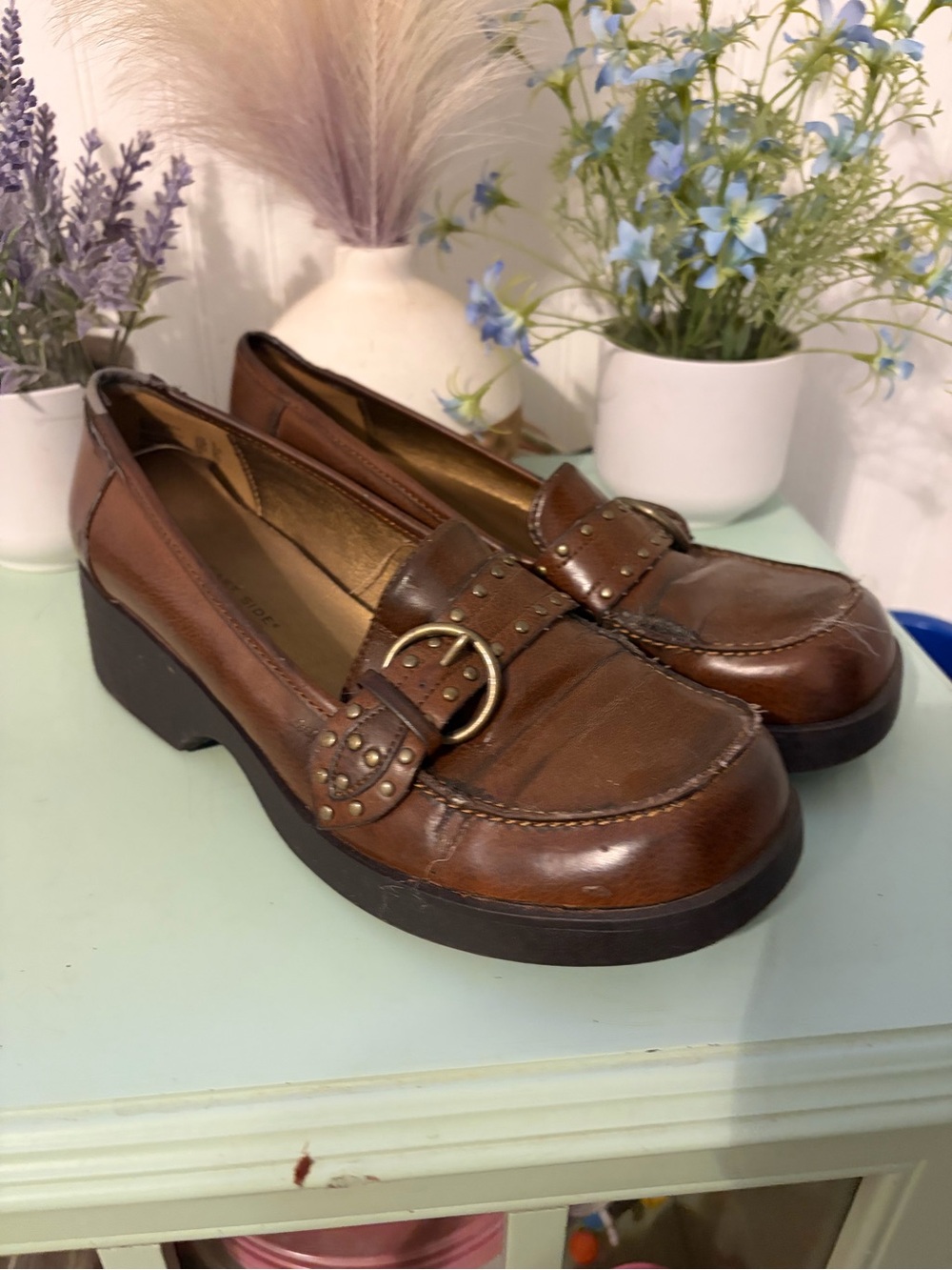 Lower East Side Brown Studded Buckle Loafers